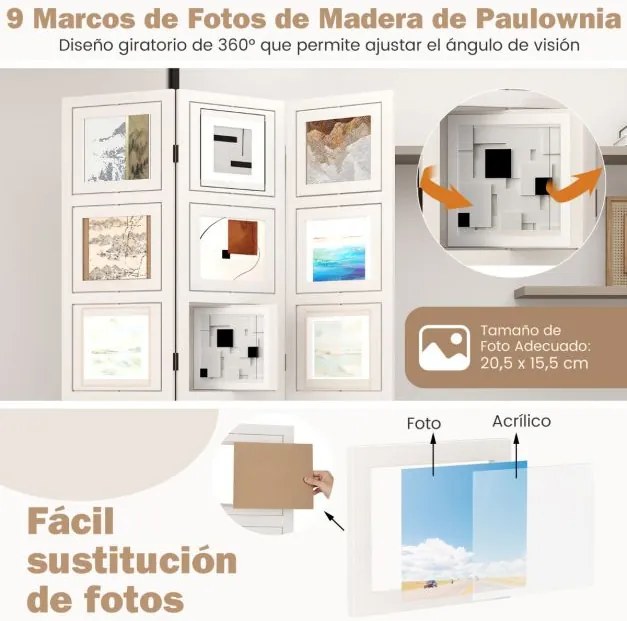 Biombo com 9 Molduras Giratórias 121 x 170 cm de 3 Painéis s para Casa Escritório Branco