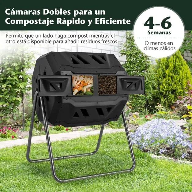 Tambor de Compostagem 160 L de Câmara Dupla com 2 Portas Deslizantes para Resíduos de Jardim Preto