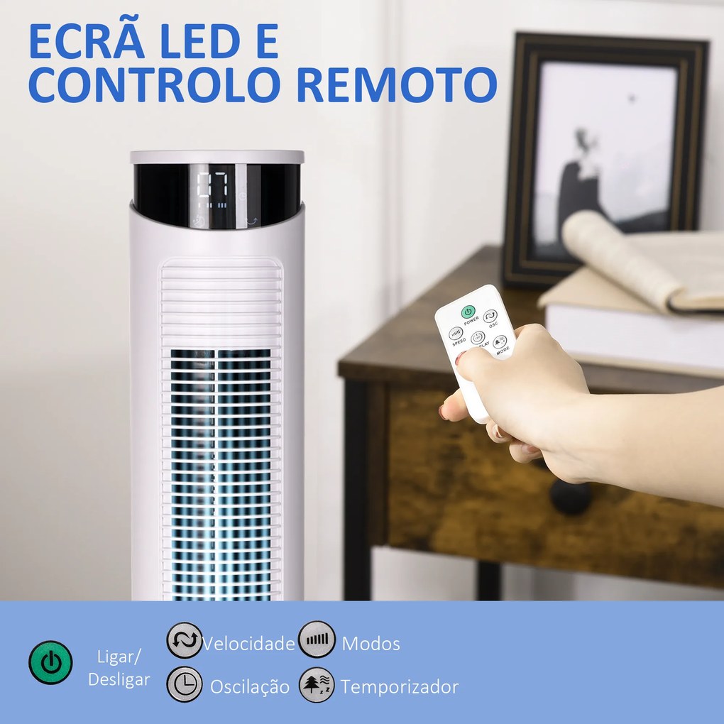 HOMCOM Ventoinha de Coluna Oscilante 45 W com Controlo Remoto Temporizador de 12h 3 Velocidades 3 Modos Ecrã LED e Alça de Transporte para Dormitório Ø31,5x93 cm Branco