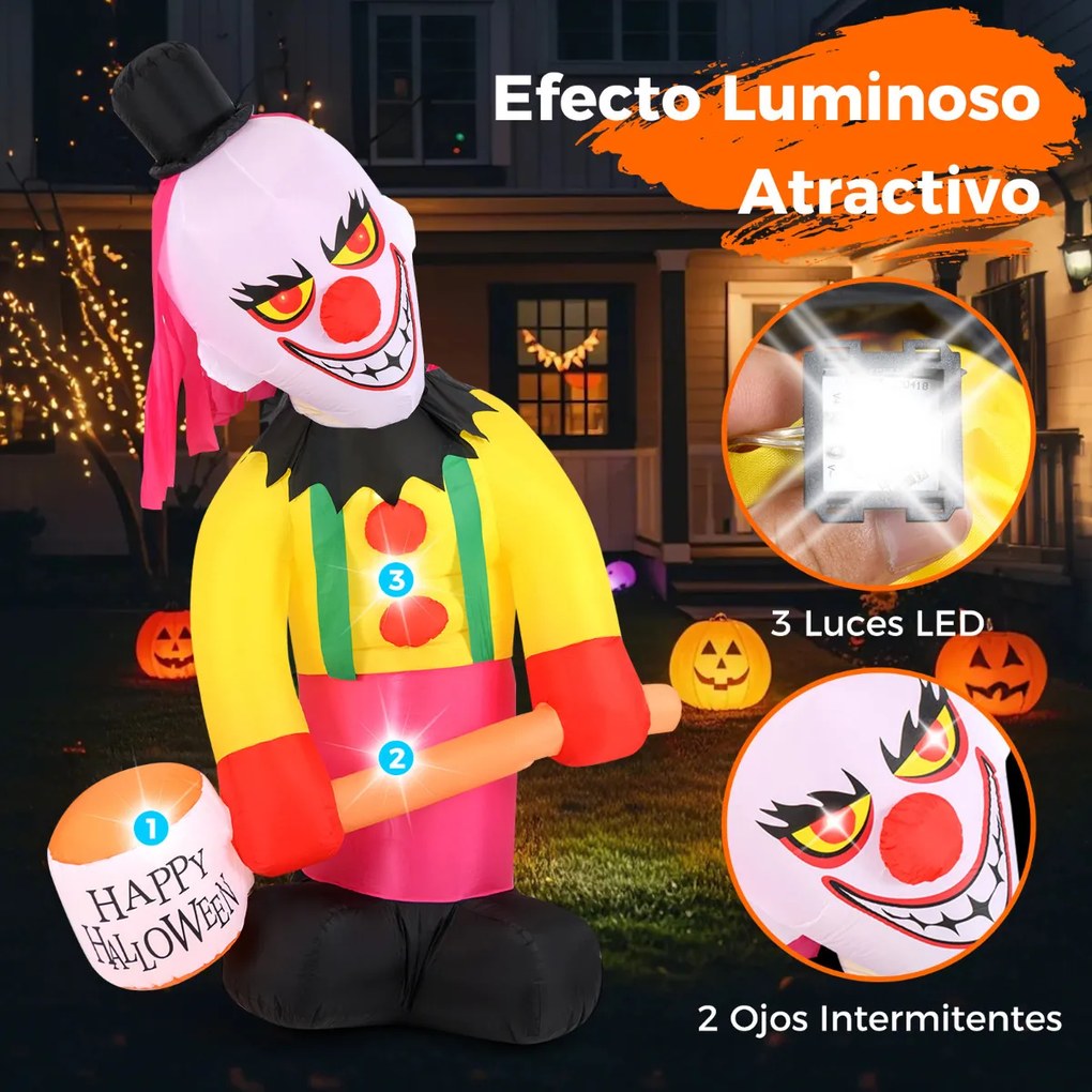 Palhaço Insuflável de Halloween, 180 x 240 cm, Cabeça Rotativa e Iluminação LED, Multicolor