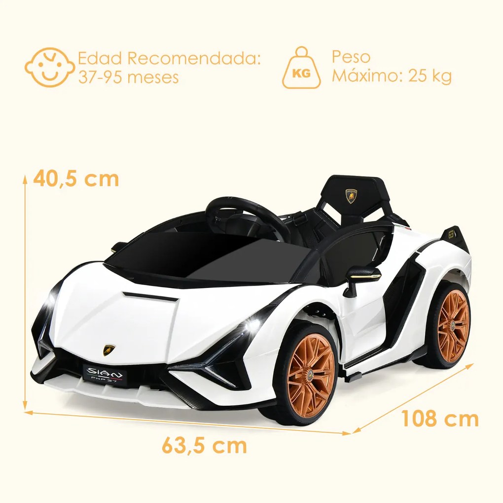 Carro elétrico para crianças bateria de 12 V Lamborghini com controlo remoto Luzes LED Música MP3 Buzina 108 x 64 x 41 cm Branco