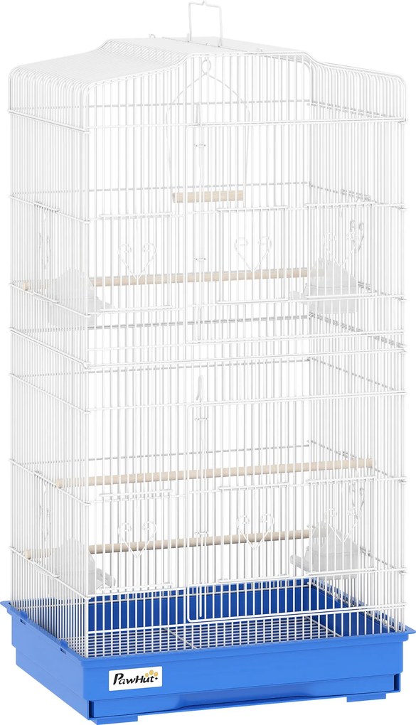 PawHut Gaiola para Pássaros Gaiola Metálica com 4 Tigelas de Comida 3 Poleiros Baloiço e Bandeja Removível Pega 46,5x35,5x92 cm Azul | Aosom Portugal