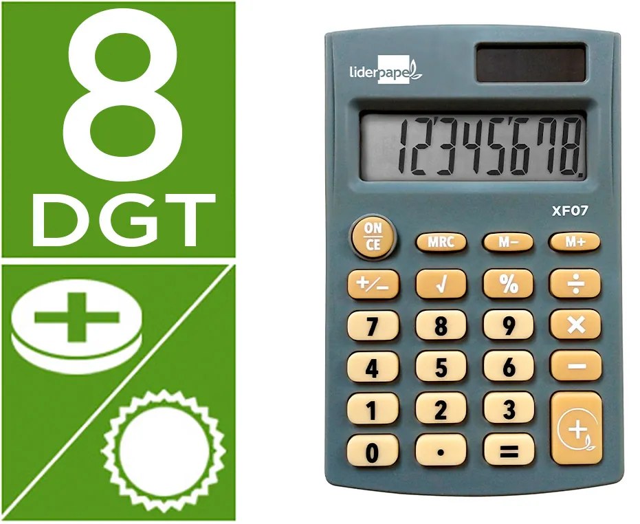 Calculadora de Bolso xf07 8 Digitos Solar e Pilhas Cor Cinza 98x62x8 mm