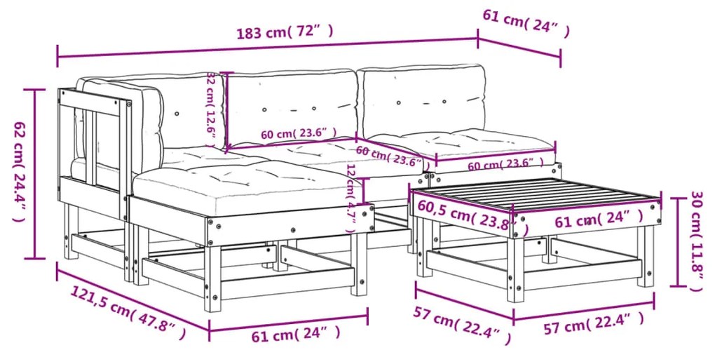 5 pcs conjunto lounge de jardim c/ almofadões pinho impregnado