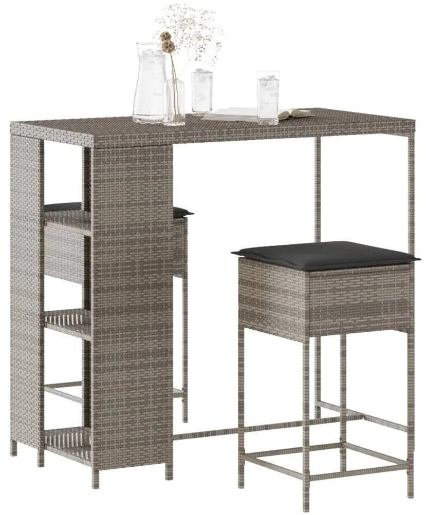 3 pcs conjunto de bar p/ jardim c/ almofadões vime PE cinzento