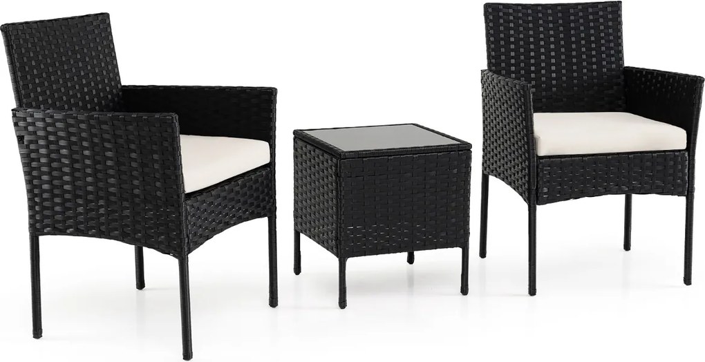 Conjunto de móveis de jardim de 3 peças em rattan com 2 cadeiras e Mesa auxiliar de vidro para terraço, pátio ou varanda Bege+Preto