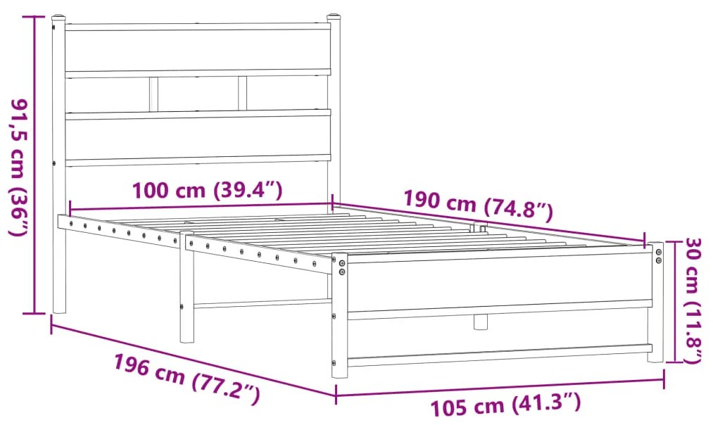 Estrutura de cama sem colchão 100x190cm metal carvalho castanho