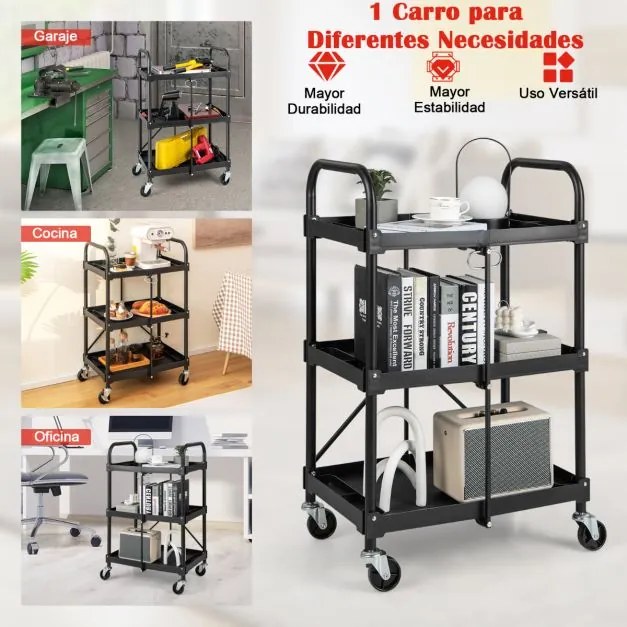 Carrinho de cozinha dobrável de 3 níveis com rodas e pega Oficina Garagem 61 x 44 x 96 cm Preto