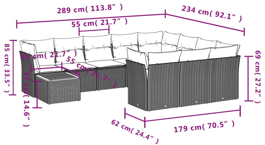 11 pcs conjunto sofás de jardim c/ almofadões vime PE cinzento