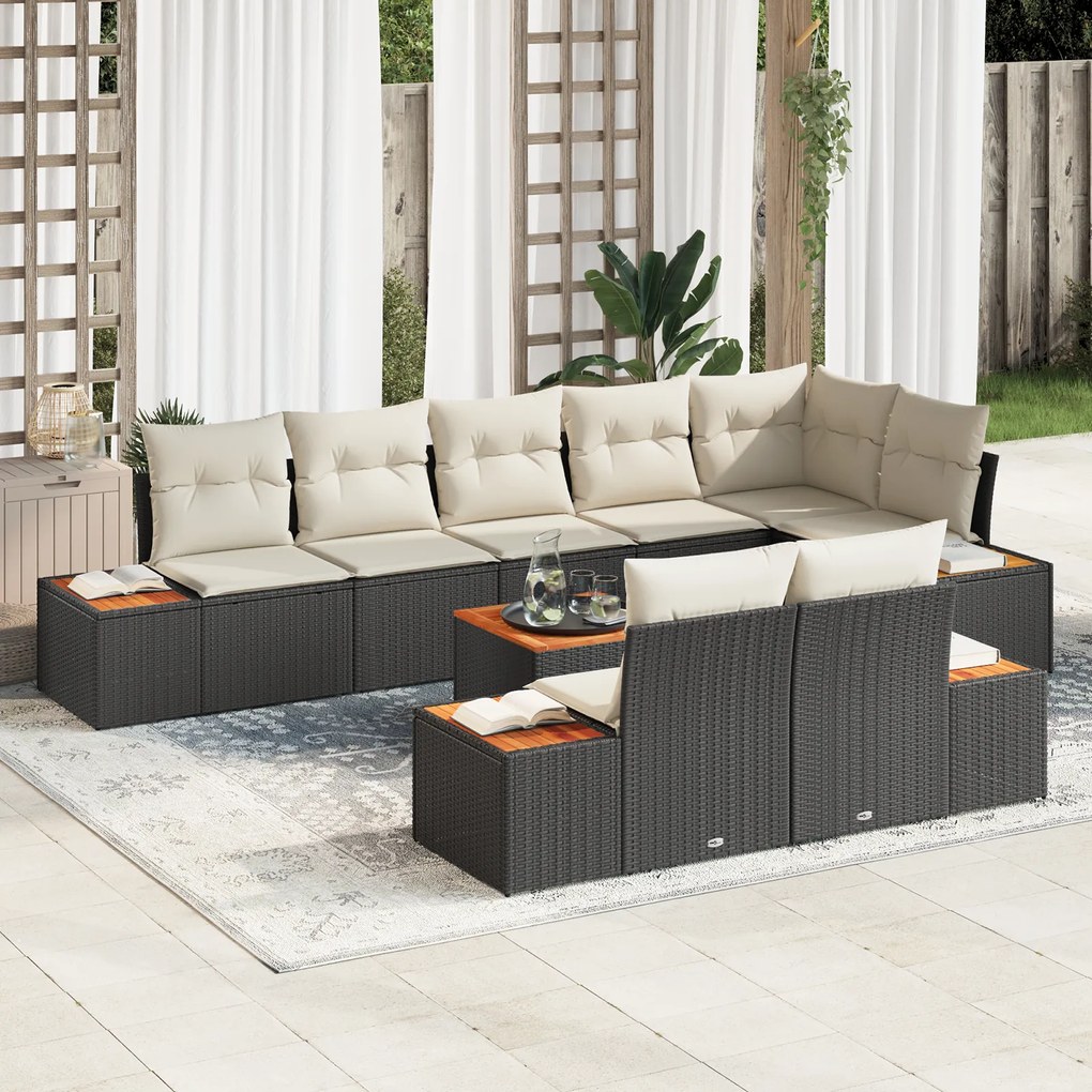 Conjunto de Sofá de Jardim vidaXL 9 Peças com Almofadas Vime Preto Acácia