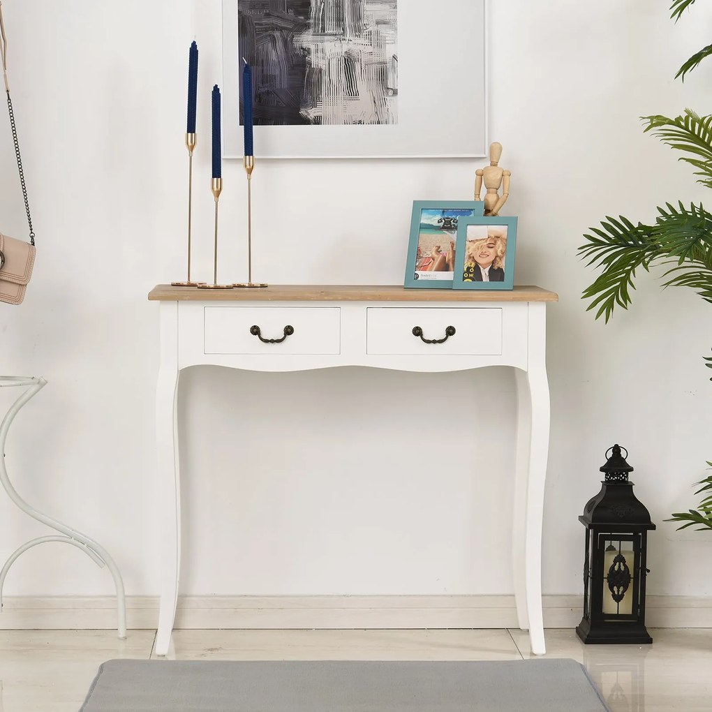 Mesa de console auxiliar com design retrô com 2 gavetas Pinho 87x34x78,5 cm Branco