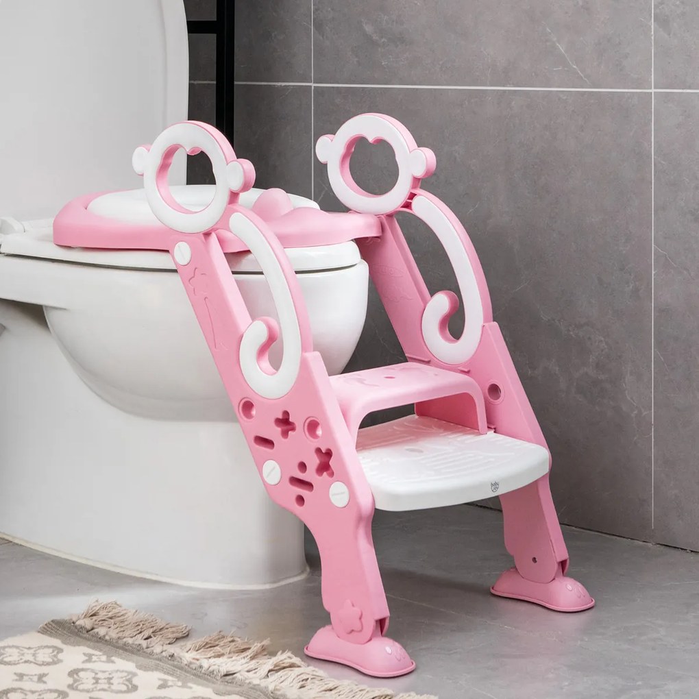 Escada para sanita infantil Altura Adequada 39-42 cm Banco dobrável regulável Assento almofadado largo Degraus antiderrapantes Rosa