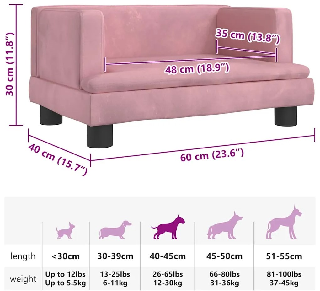 Cama para cães 60x40x30 cm veludo rosa