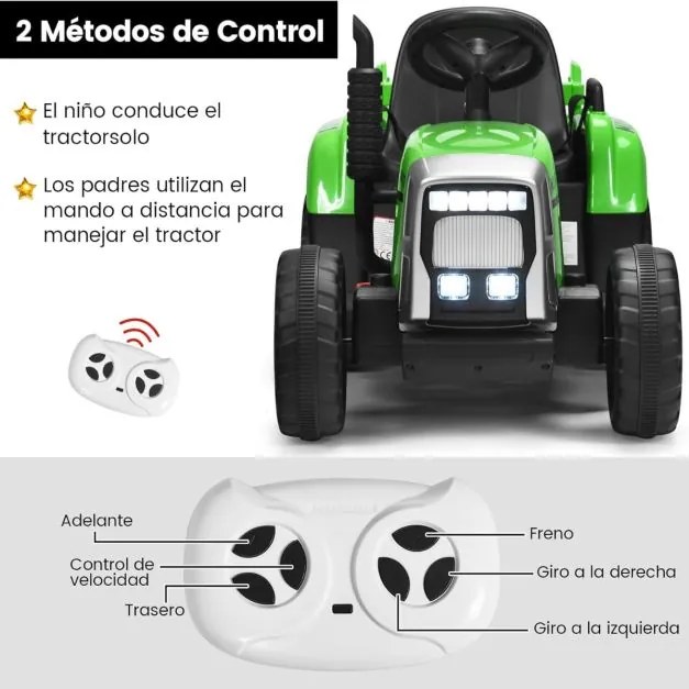 Trator elétrico para crianças 12V com reboque removível e controle remoto com 3 velocidades/luz/música para 3+ anos Carga 30 kg Verde