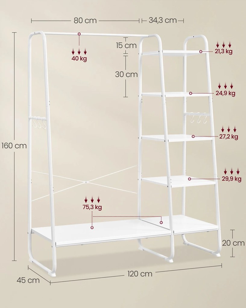 Guarda roupa aberto com prateleiras e com 6 ganchos 45 x 120 x 160 cm branco