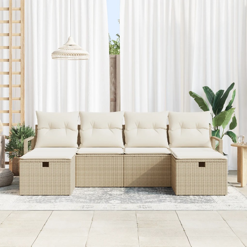 Conjunto de Sofá de Jardim de 6 Peças com Almofadas Bege Vime Poliéste