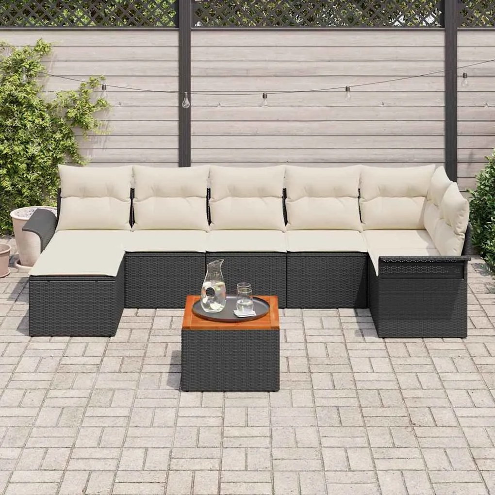 Conjunto de Sofá de Jardim com 8 Peças e Almofadas Preto em Rattan Pol