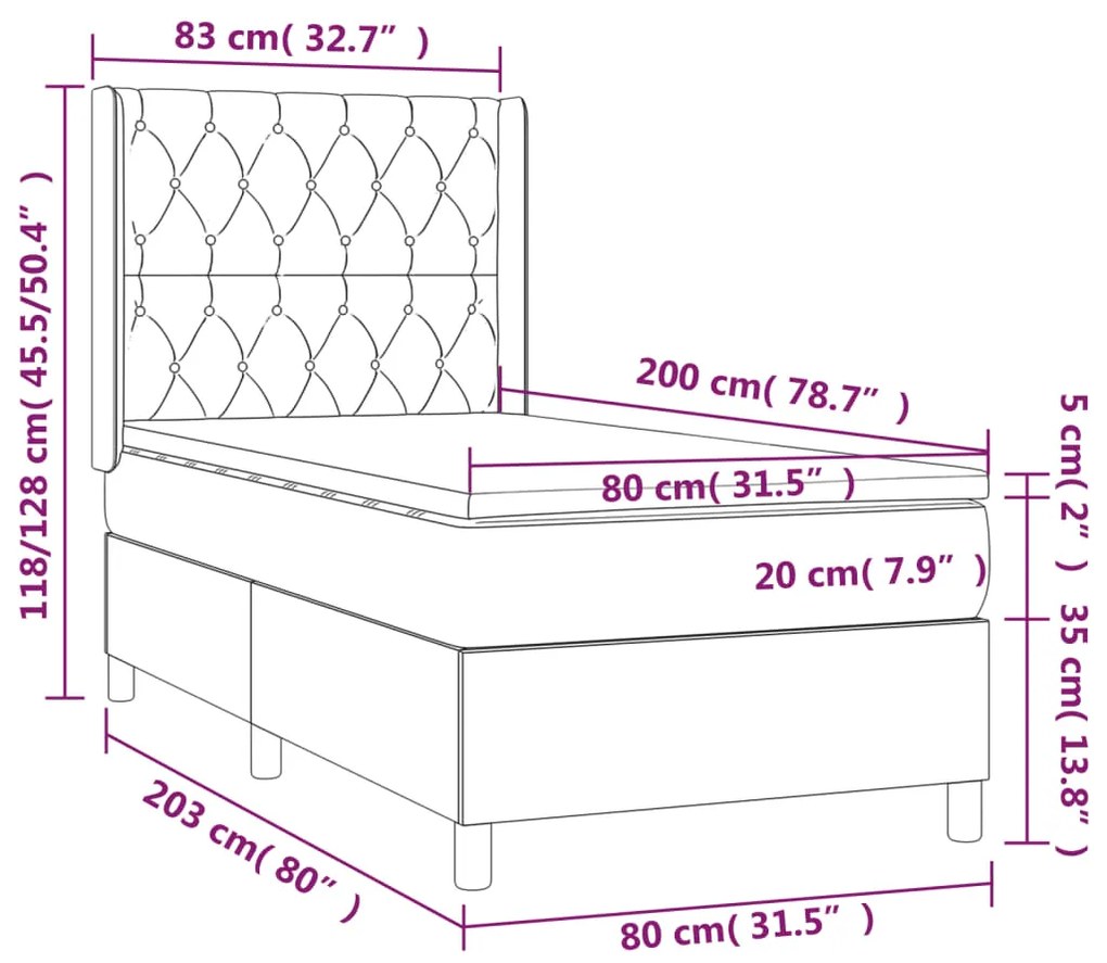 Cama box spring c/ colchão/LED 80x200 cm veludo cinzento-claro
