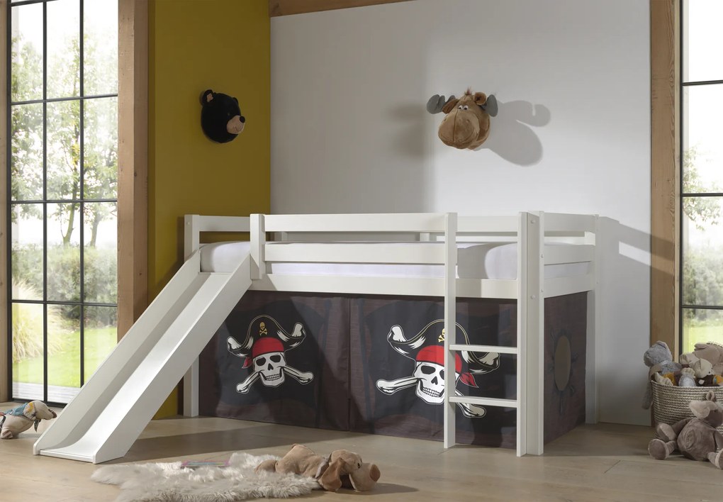 Cama alta de Criança PINO 90 x 200 cm + estrado + escada + escorrega + cortina Piratas das Caraibas Branca