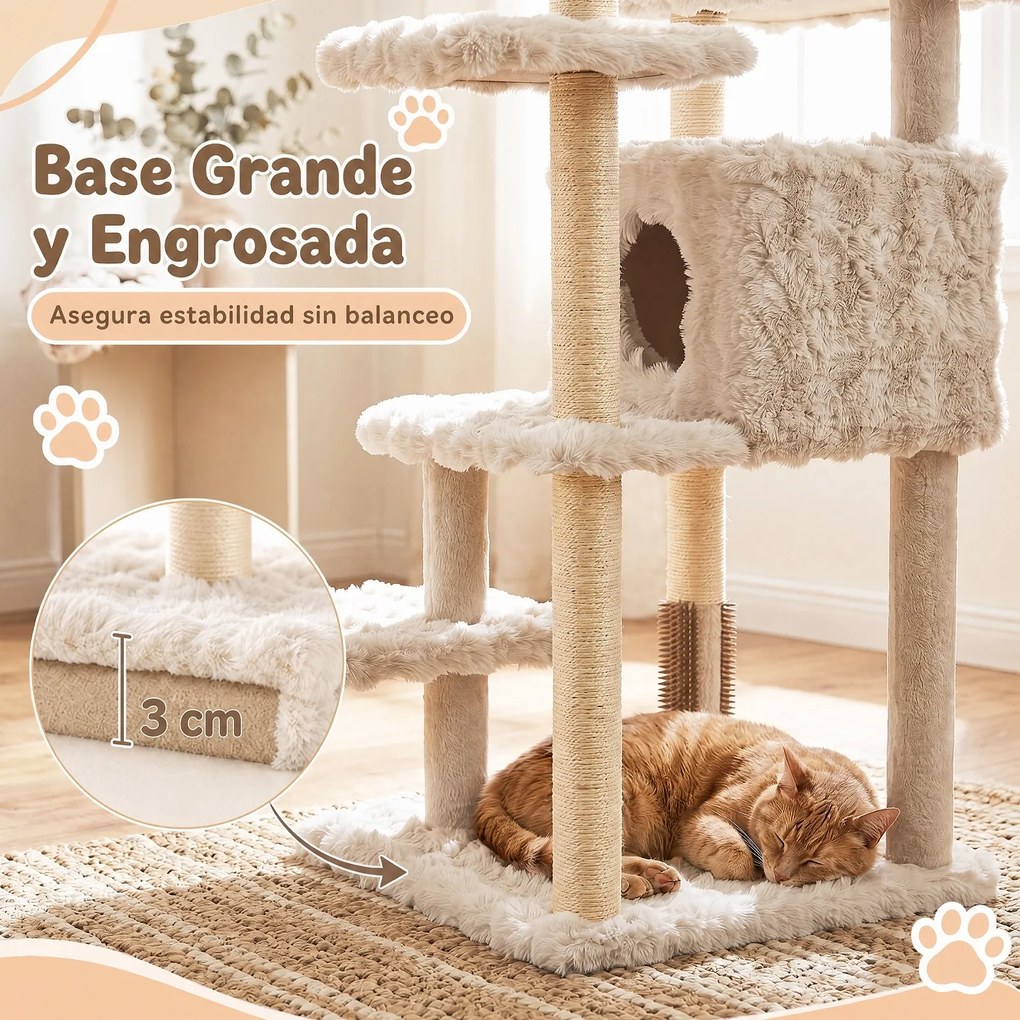 Arranhador para Gatos com Vários Níveis, 86 x 82 x 170 cm, Seis Plataformas e Casota, Bege