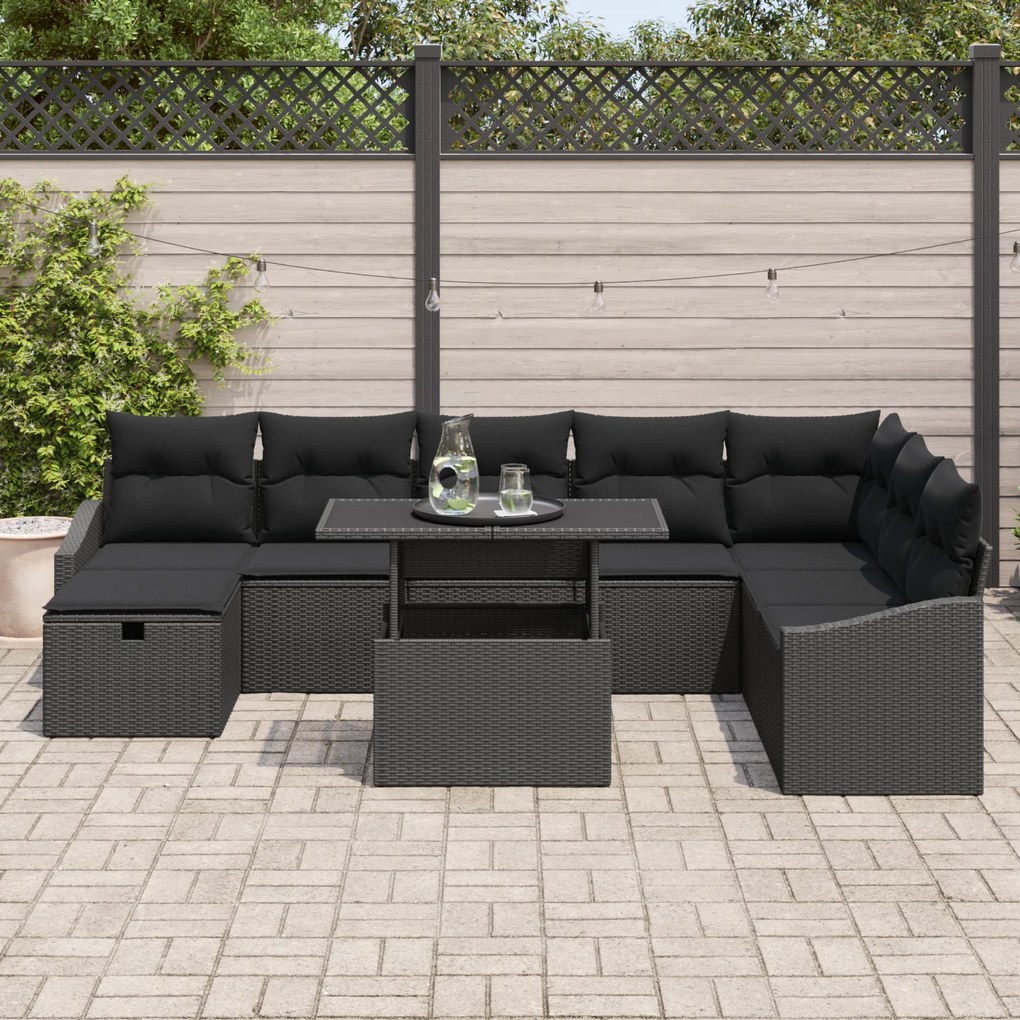 Conjunto de Sofá de 9 Peças para Jardim com Almofadas Preto de Rattan