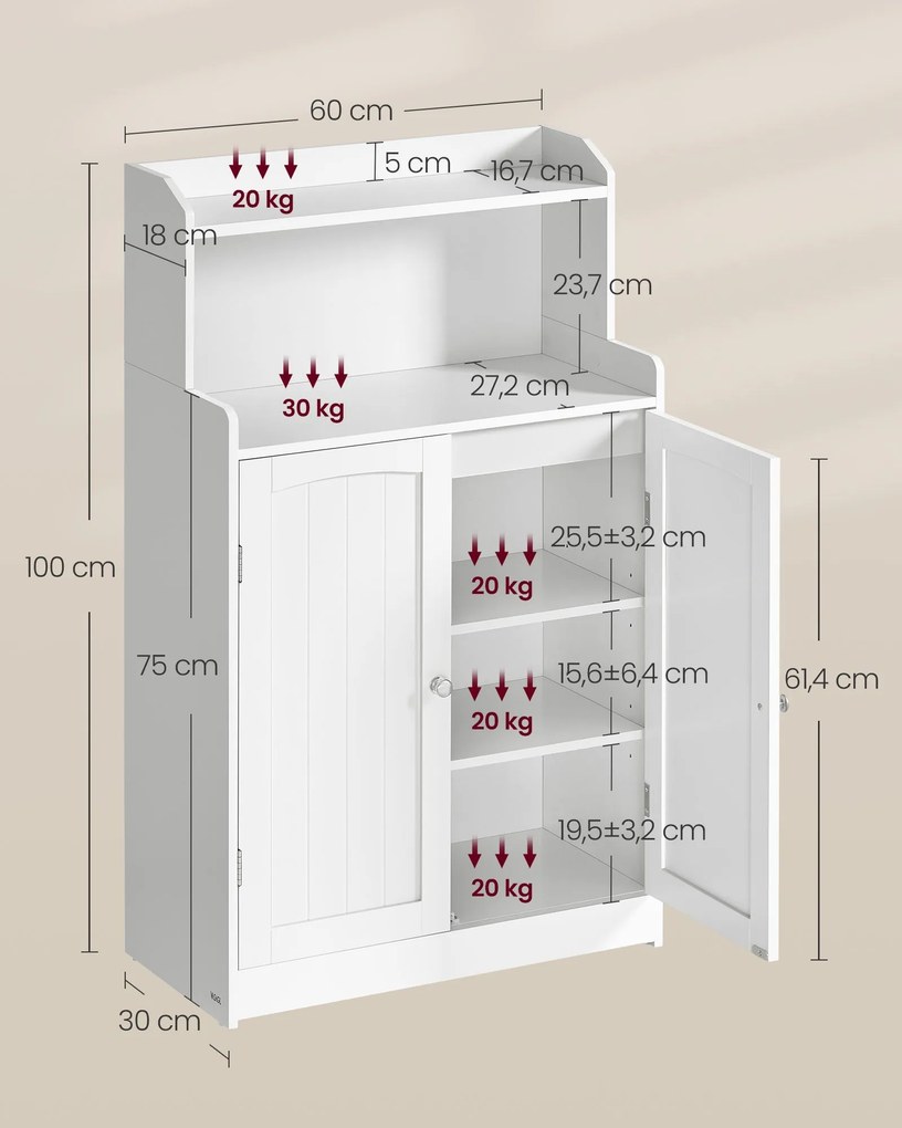 Armário de casa de banho com 2 portas e prateleiras 30 x 60 x 100 cm Branco