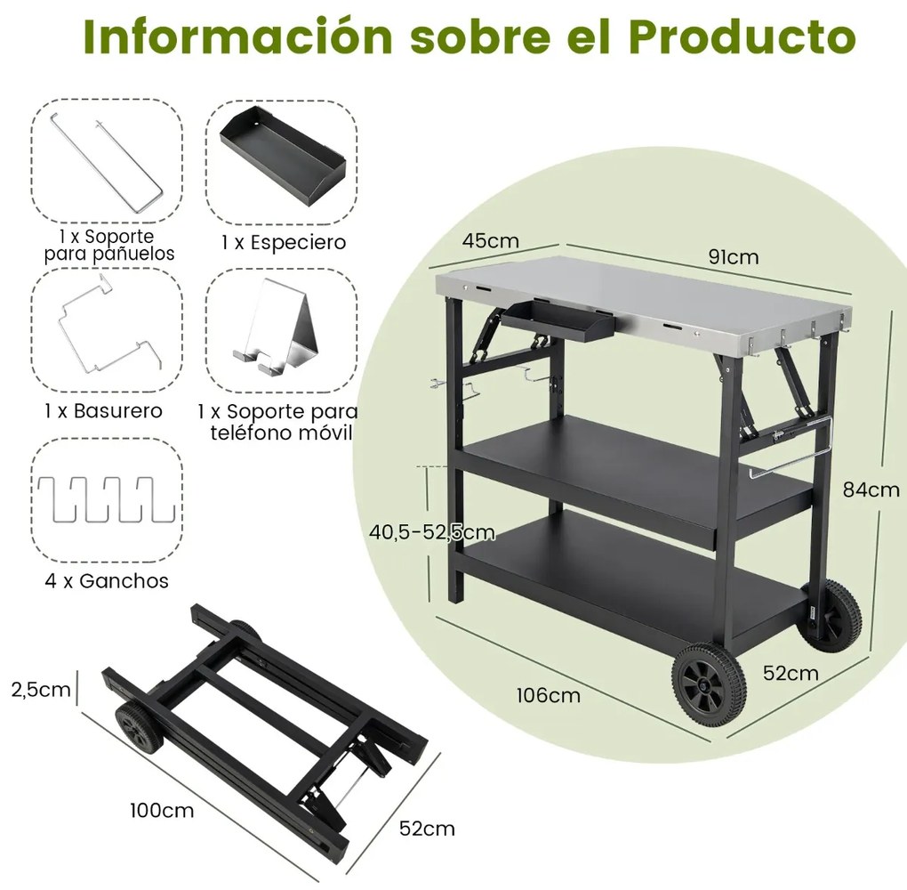 Carrinho de jantar para exterior com Estante ajustável Suporte ajustável para preparação de alimentos 106 x 52 x 84cm Preto e prateado