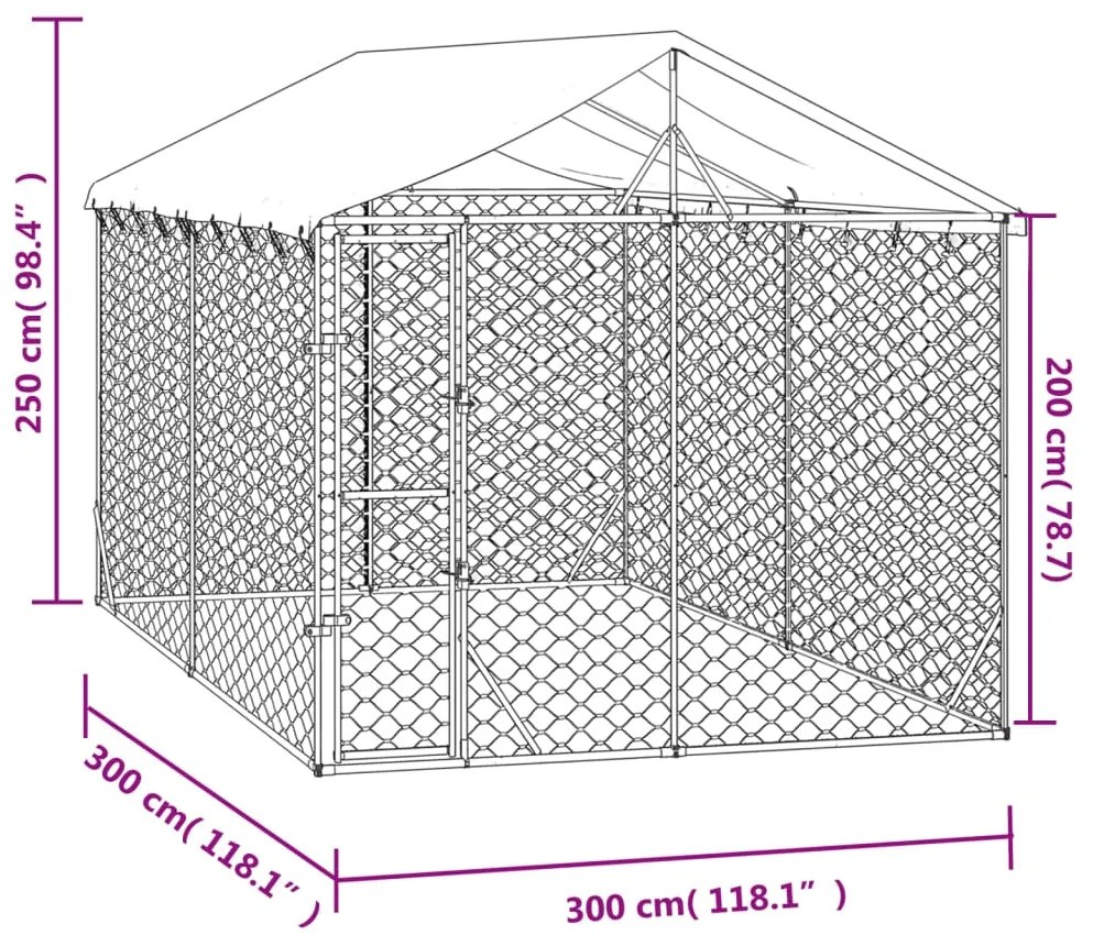 Canil de exterior com teto 3x3x2,5 m aço galvanizado prateado