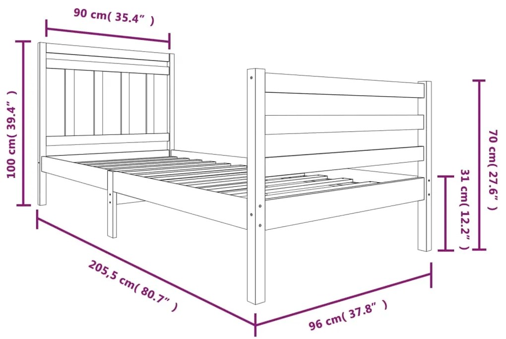 Estrutura de cama 90 x 200 cm madeira maciça