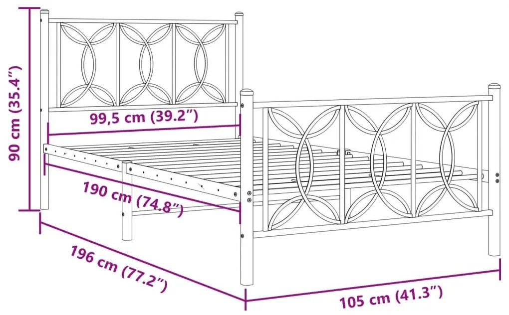 Estrutura de cama com cabeceira e pés 100x190 cm metal branco