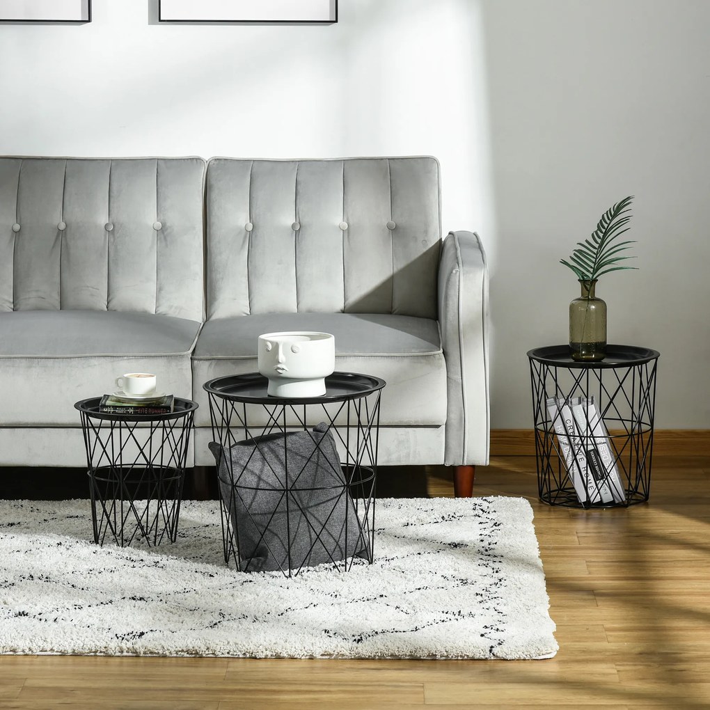 HOMCOM Conjunto de 3 mesas laterais empilháveis Cestos de metal com bandeja removível e espaço de armazenamento Estilo moderno para sala de estar Diâmetro Ø43 Ø35 e Ø30 preto