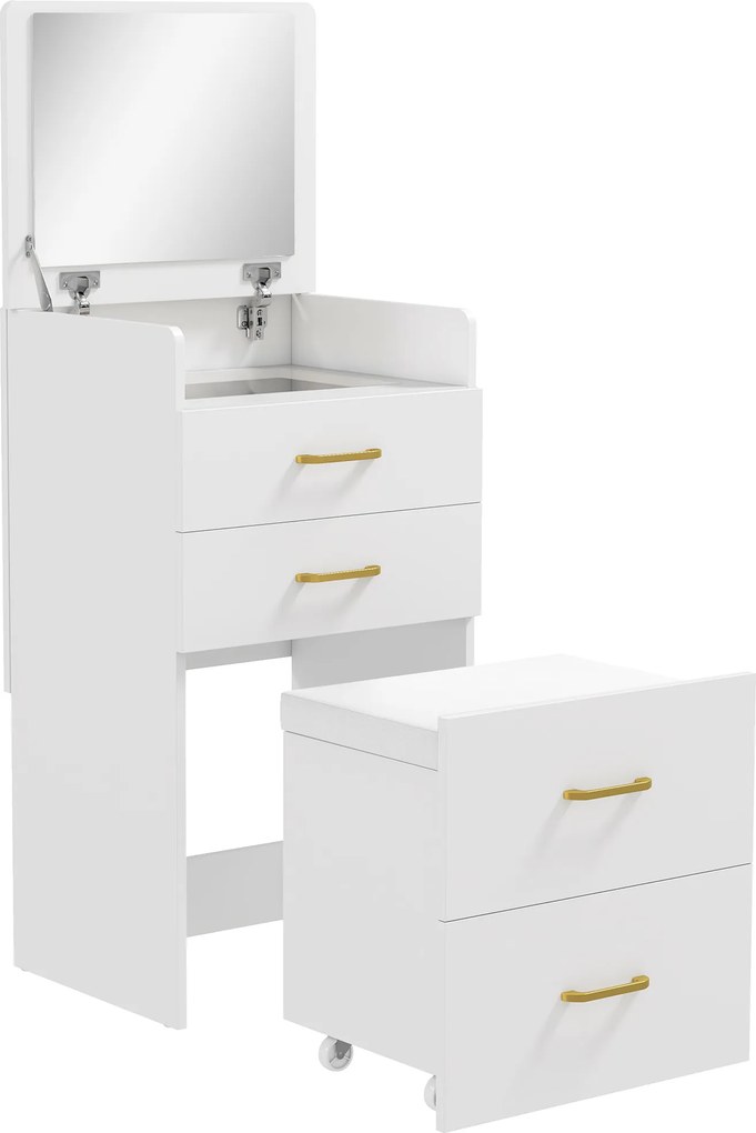 HOMCOM Toucador de Maquilhagem 3 em 1 com Banco Mesa de Maquilhagem com Espelho Gavetas e Bancada de Vidro Visível Toucador Moderno para Quarto 48x40x90 cm Branco | Aosom Portugal