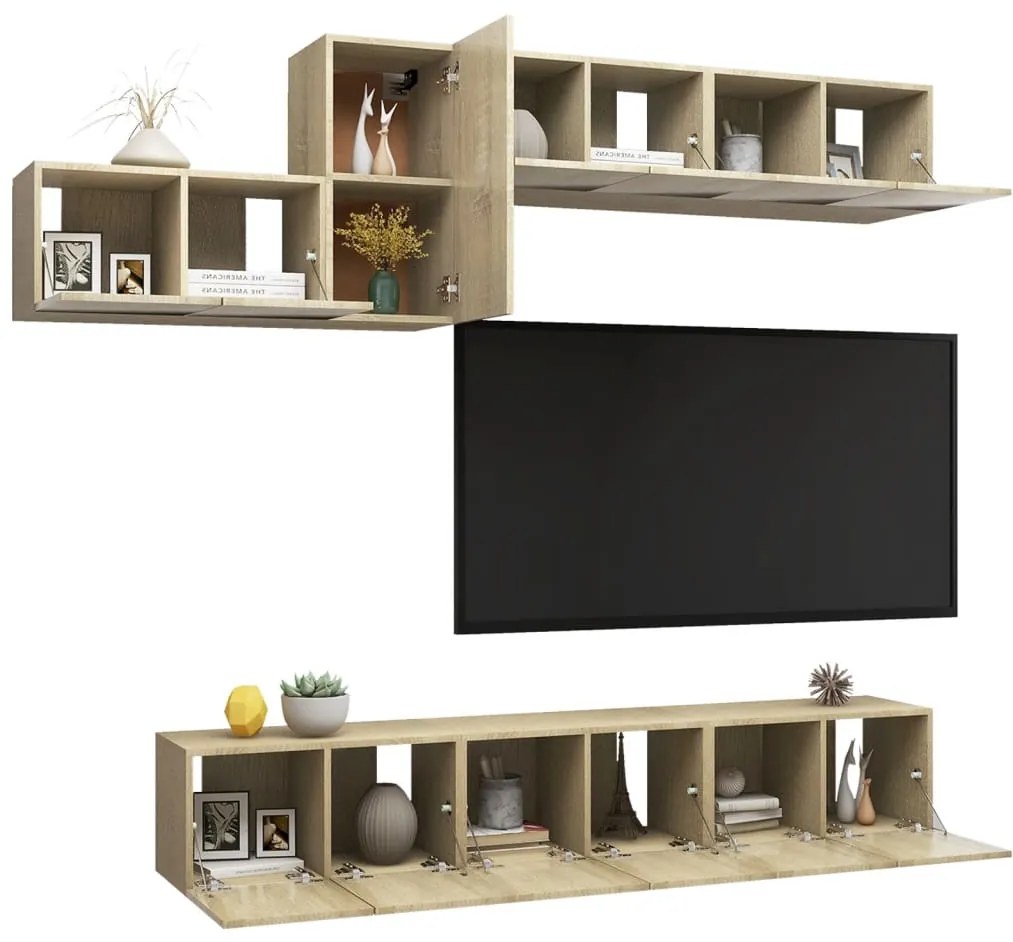 7 pcs conjunto móveis de TV derivados madeira carvalho sonoma
