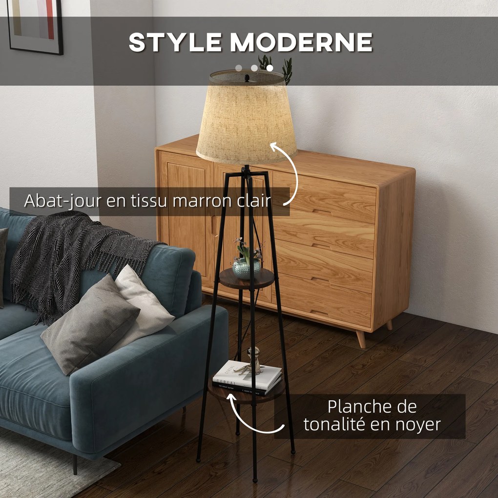 Candeeiro de pé com 2 prateleiras, casquilho E27, 40 W, interruptor de cordão, abajur em tecido, 42 x 42 x 166 cm, preto e castanho
