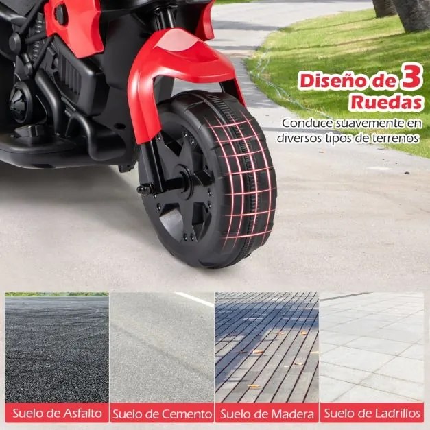 Mota elétrica 6V para crianças com sons, luzes LED, rodas antiderrapantes, botão de arranque para 1-3 anos, Vermelha