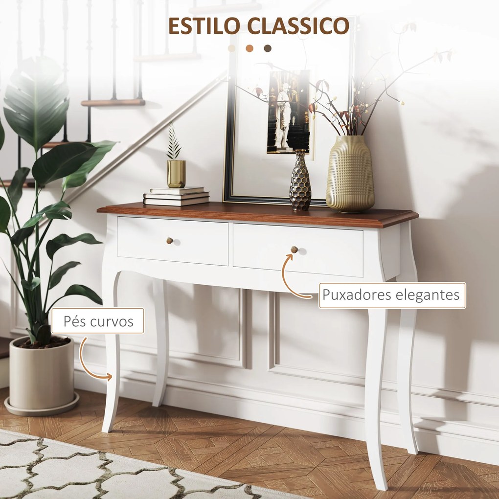 Mesa Consola de Entrada com 2 Gavetas Estilo Francês 100x35x76,5 cm Branco e Castanho Escuro