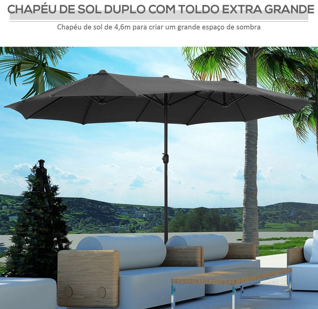 Chapéu de Sol Duplo 4,55x2,65x2,38 m Chapéu de Sol de Jardim com Manivela Manual com Proteção Solar UV Cinza