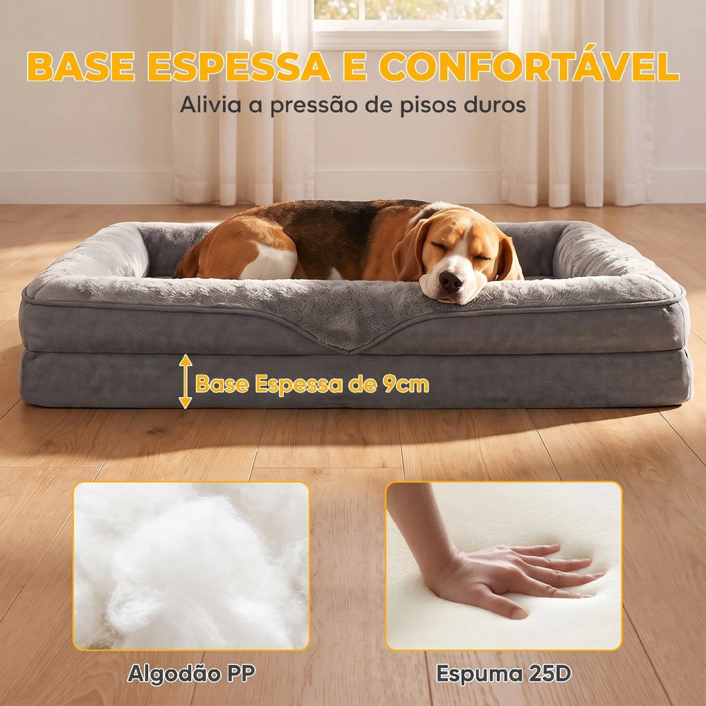 Cama para Cães Médios e Gatos com Base Antiderrapante e Capa Lavável 91x68x16 cm Cinzento