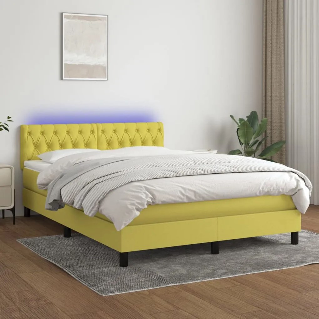 vidaXL Cama box spring c/ colchão e LED 140x190 cm tecido verde
