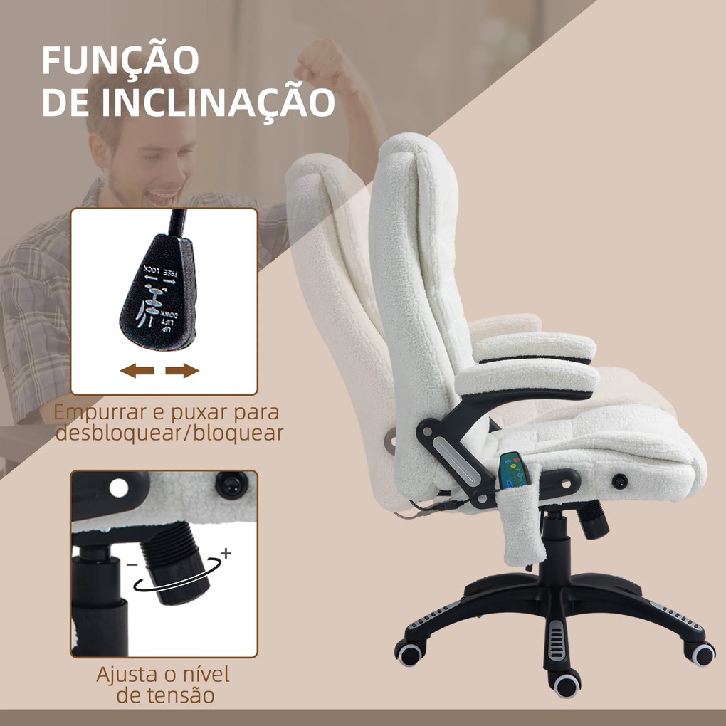 Cadeira de Massagem com 6 Pontos Reclinável até 130° com Função de Aquecimento Tecido em Borrego 67x74x107-116 cm Branco