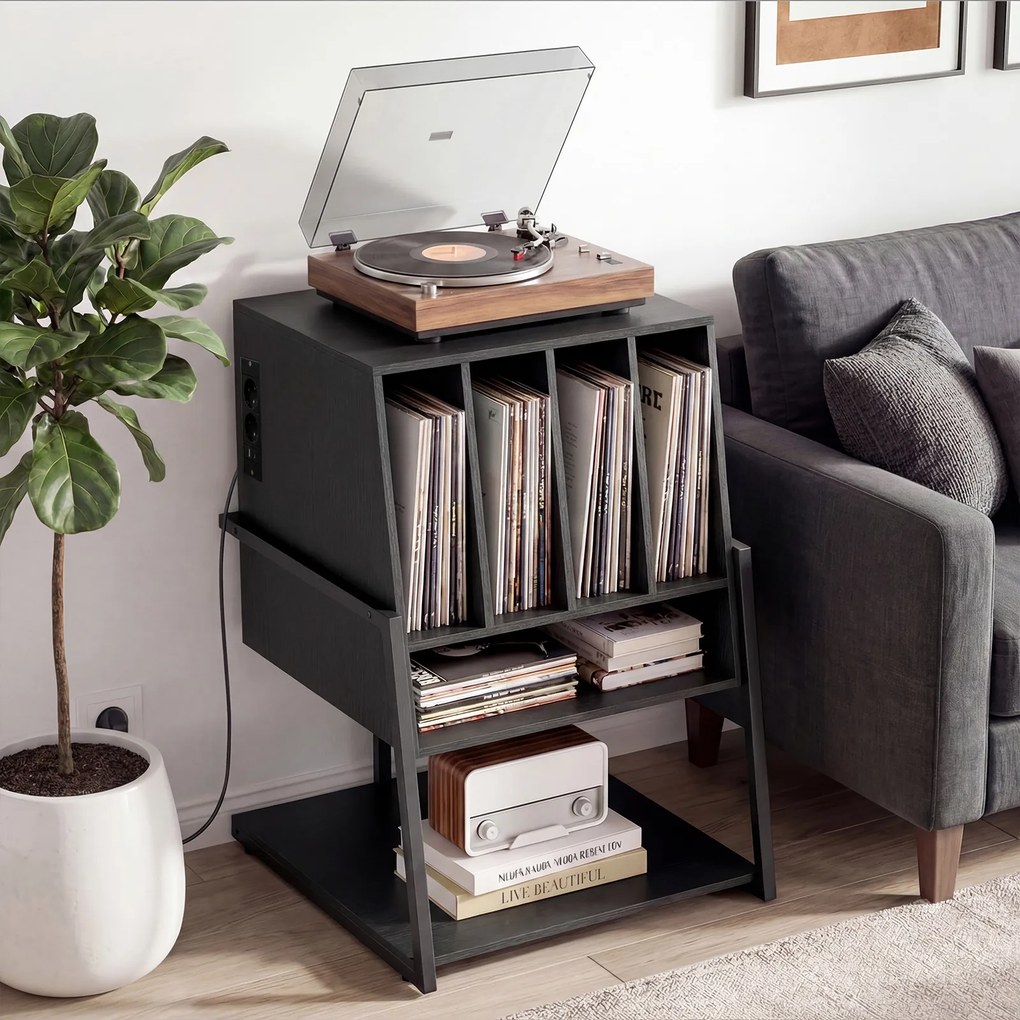 Suporte para gira-discos 54 x 57 x 76,5 cm com base de carregamento padrão europeu; prateleira para discos de vinil com rodas e pés ajustáveis preto