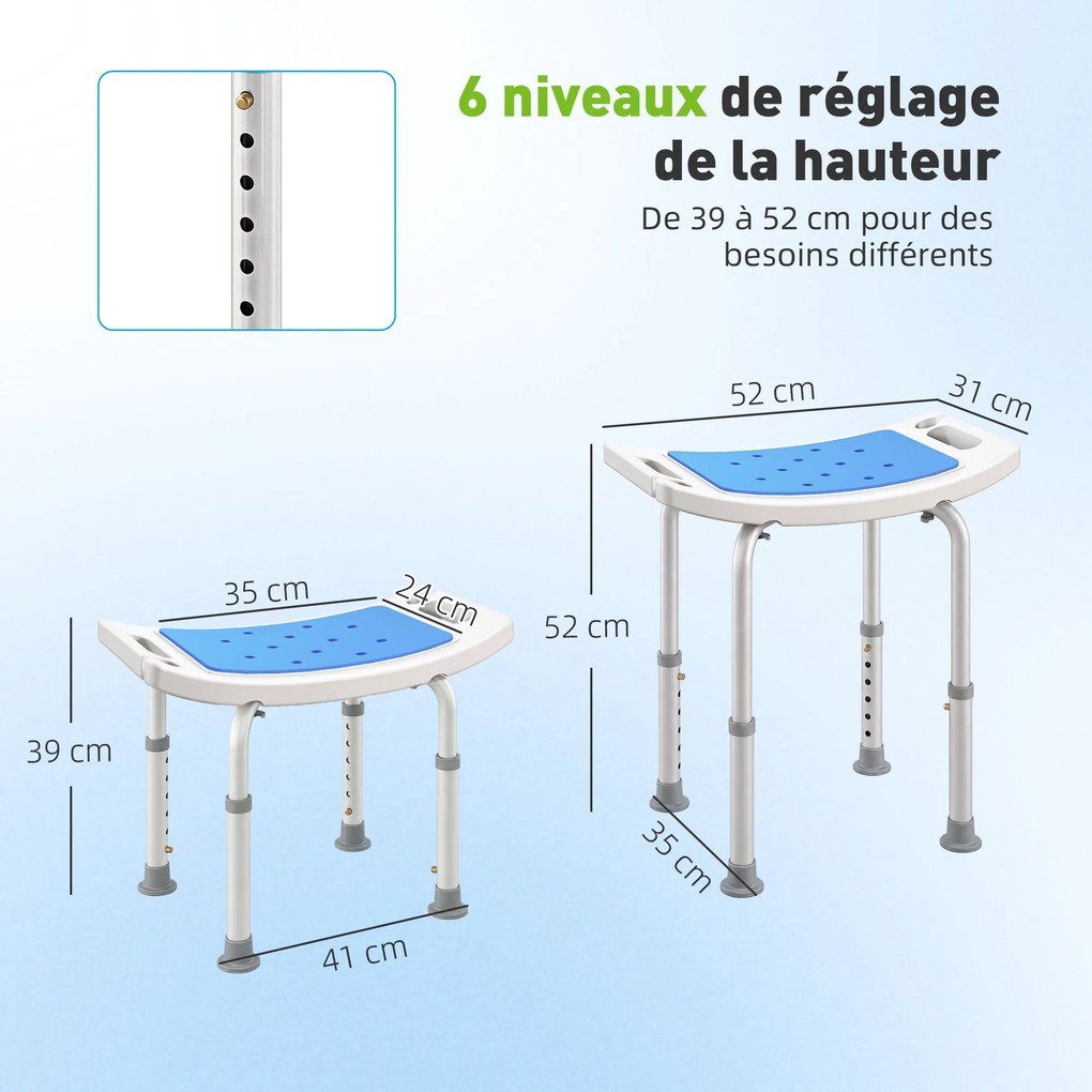 Assento de duche regulável em altura; banco de duche ergonómico; pés antiderrapantes; carga máxima de 135 kg; alumínio e HDPE; branco e azulFR