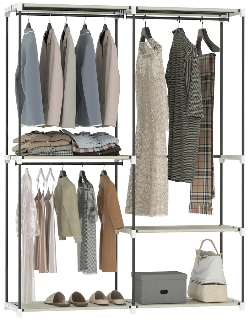 Guarda Roupa Aberto 142x43x185 cm Armário para Roupas com 4 Prateleiras de Tecido 3 Barras para Pendurar Creme