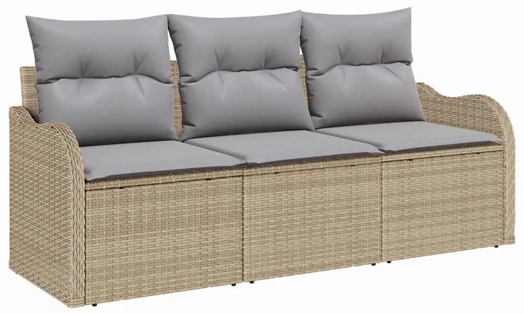 Conjunto de Sofá de Jardim 3 peças com Almofadas Bege Poly Rattan