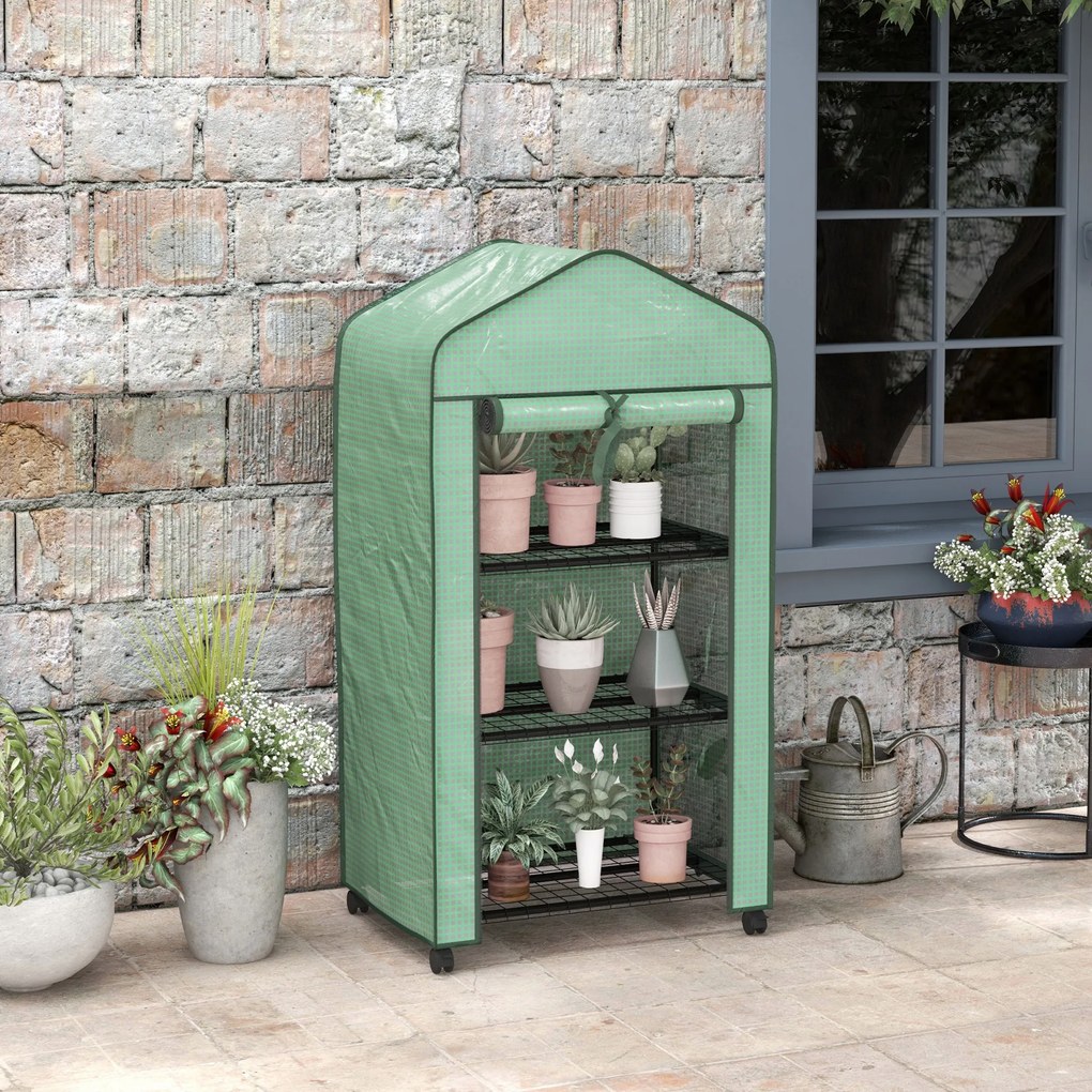 Mini estufa de jardim com 3 prateleiras 69 C x 49 L x 130 A cm, lona de PE de alta densidade, porta enrolável, 4 rodas Verde