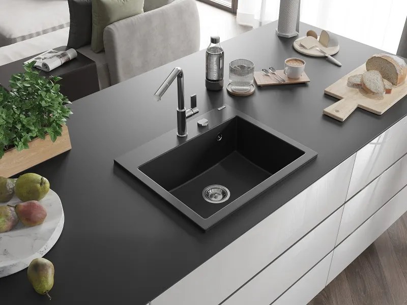 Mexen Oscar lava-loiça de granito 1-cuba 580 x 490 mm, preto, sifão cromado - 6519581000-77