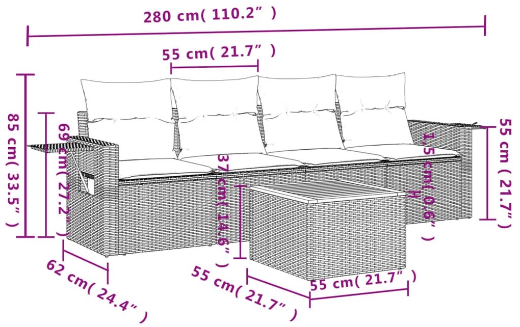 5 pcs conjunto sofás de jardim c/ almofadões vime PE cinzento