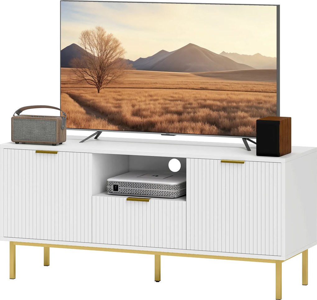 Móvel para televisão 120 x 39 x 54 cm, para televisão de 50 polegadas com 2 portas com fecho suave, gaveta e compartimento aberto, branco