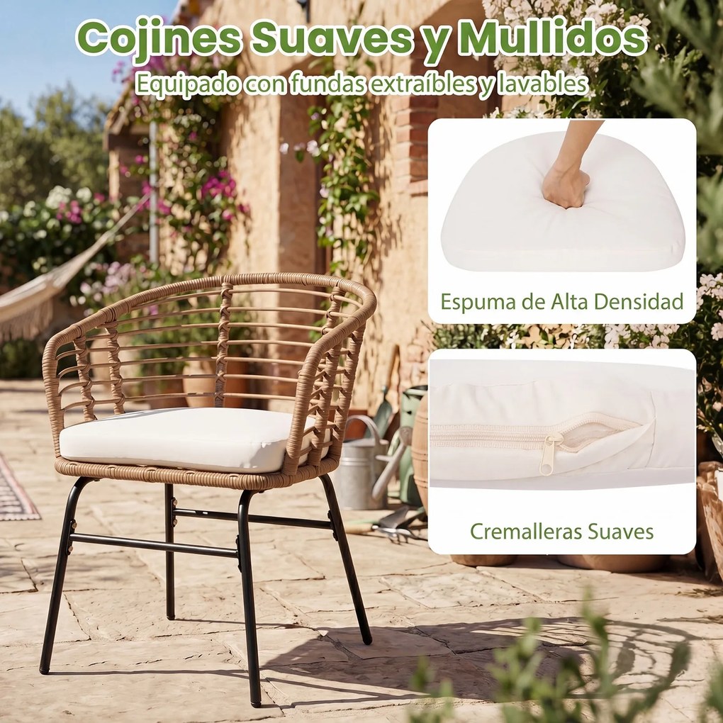 Conjunto jardim de rattan PE para exterior com almofadas macias, Estrutura metálica e tampo em vidro temperado para pátio ou terraço, cor bege