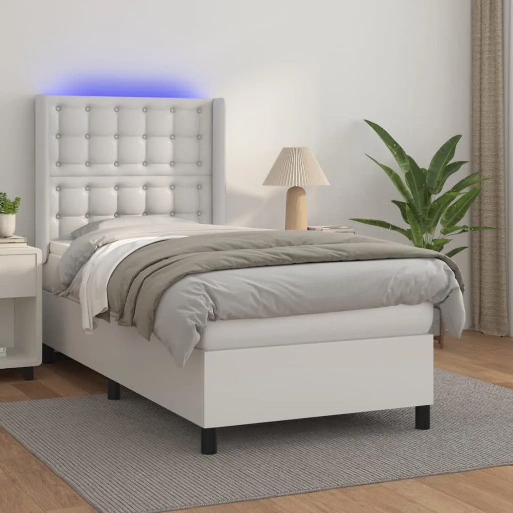 Cama box spring c/colchão/LED 100x200cm couro artificial branco